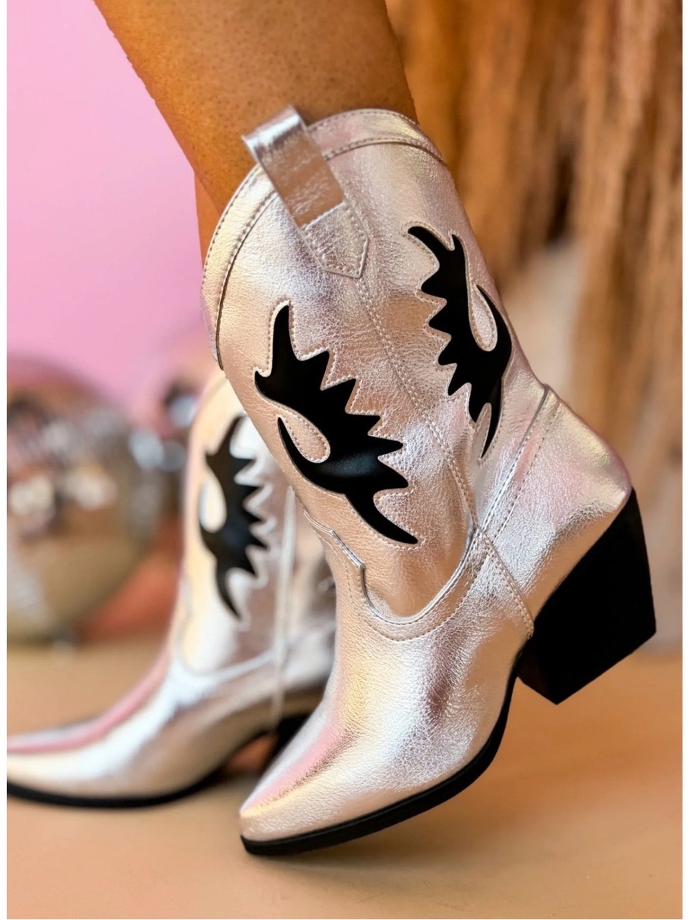 🔵Metallic Silver Western Ankle Boots with Black Inset